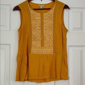 Lucky Brand Mustard Yellow Sleeveless Peplum Tank with White Embroidery